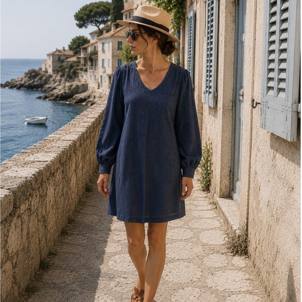 A.P.C. Lightweight‎ Cotton Shift Dress XS Navy Pinstripe Minimalist Parisian